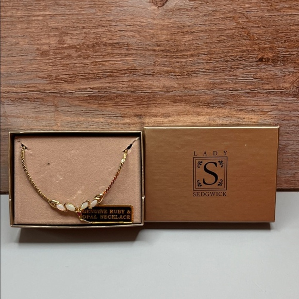 New With Tags Lady Sedwick Genuine Ruby And Opal Necklace Birthstone Gold Tone
